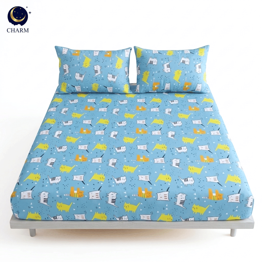 ชุดผ้าปูที่นอน 6 ฟุต 3 ชิ้น ไม่รวมผ้านวม CHARM คอลเลคชั่น DREAMY ลาย CAT JOY